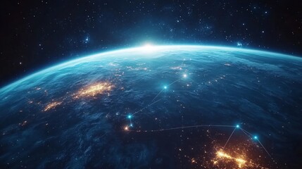 Fototapeta premium A stunning view of the Earth from space, illuminated by city lights and connected by glowing lines, representing global connectivity and the power of technology.