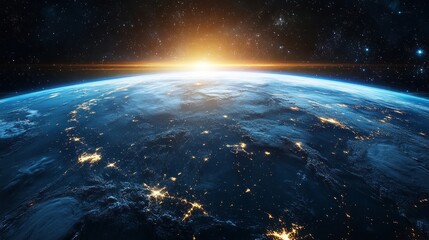 A stunning view of the Earth from space, showing the sunrise over the planet with city lights visible.