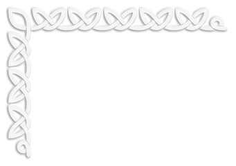 Simple Celtic L-shaped frame, white. Linear border made with Celtic knots, which looks like a plaster ornament, for use in St. Patrick's Day designs.
