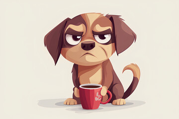 Cartoon style cute angry dog with cup of coffee. dissatisfied dog holding a cup. All you need is a copy, illustration