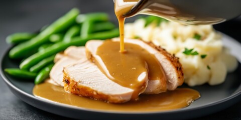 Savory gravy being poured over slices of roasted turkey, served with mashed potatoes and green beans for a classic holiday meal
