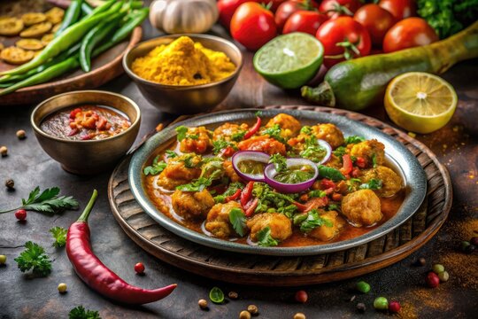 Vibrant and Colorful Bombay Xat Displayed on a Traditional Plate with Fresh Ingredients Surrounding It