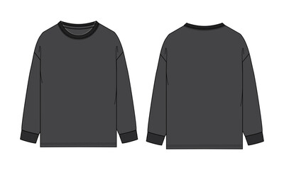 Long sleeve T shirt Technical Fashion flat sketch vector illustration black Color template front and back views. 