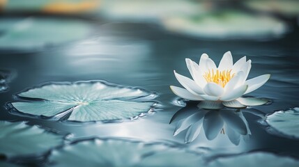 a white lotus flower floating serenely on a calm water surface, peace and tranquillity, 16:9