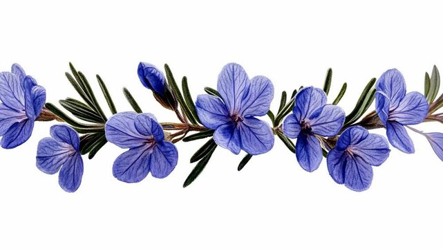 A sprig of rosemary with blue flowers blooms against a white background