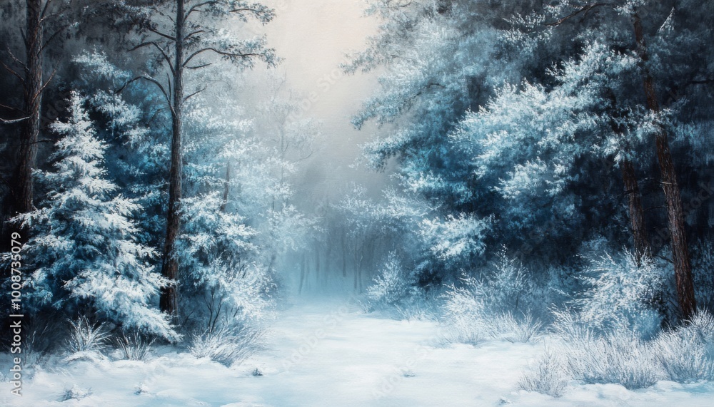 Poster a snowy path winds through a dense, fog-filled forest of frosted pine trees.