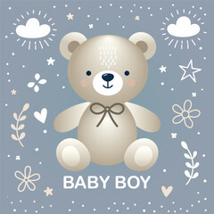 New Baby Boy Greeting Card - Cute Teddy Bear. Adorable vector illustration with neutral colors. Welcoming a new baby and celebrating a special moment with charm and warmth.