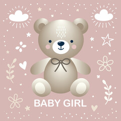 Baby Girl Greeting Card - Cute Teddy Bear. Adorable vector illustration with neutral colors. Welcoming a new baby and celebrating a special moment with charm and warmth.