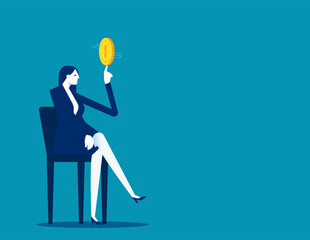 Money. Confident businesswoman spinning big money coin on his finger, Financial plan investment strategy