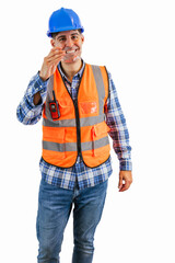 vertical Construction worker putting on safety glasses wearing orange vest and hard hat