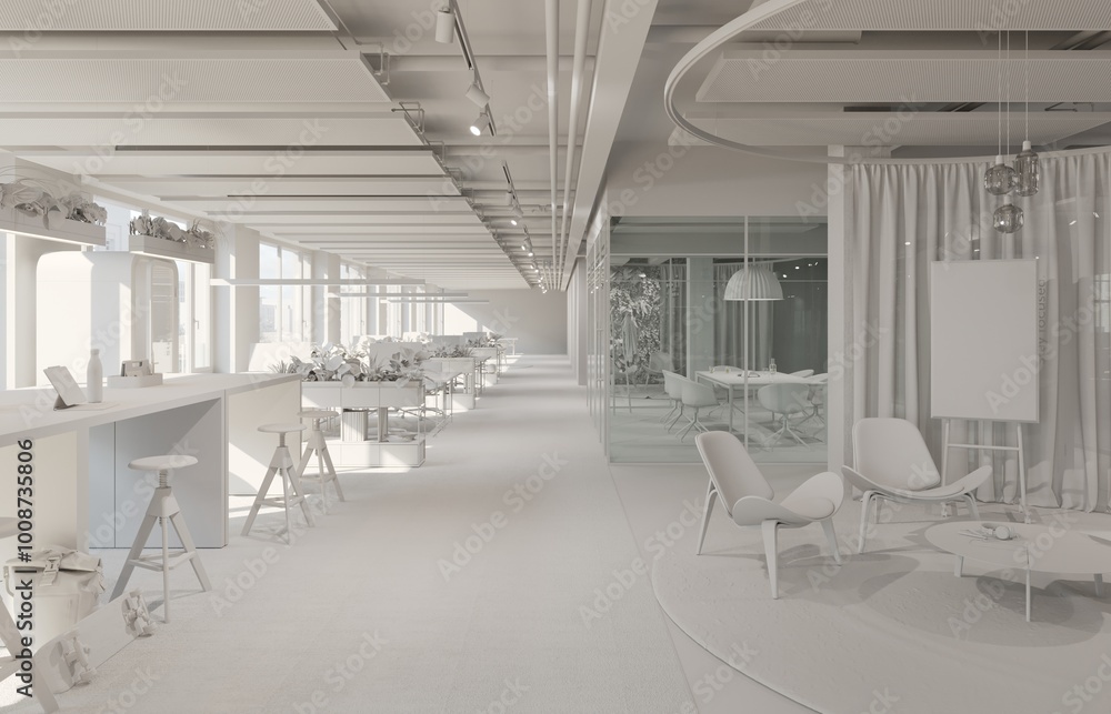 Poster office open space interior. team work. conference. 3d render. clay render.