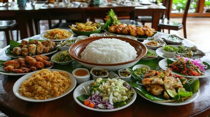 Obraz premium Traditional Feast with Rice and Wholesome Dishes