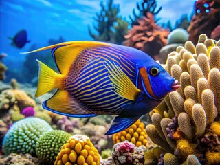Fototapeta premium Vibrant Blue Angelfish Swimming Among Coral Reefs in Crystal Clear Ocean Waters of Tropical Paradise
