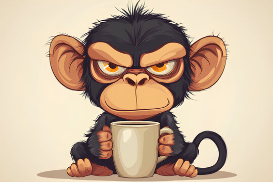 Cartoon style cute angry monkey with cup of coffee. dissatisfied monkey holding a cup. All you need is a copy, illustration