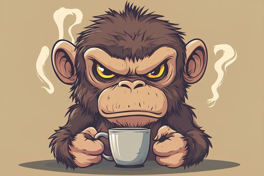 Cartoon style cute angry monkey with cup of coffee. dissatisfied monkey holding a cup. All you need is a copy, illustration