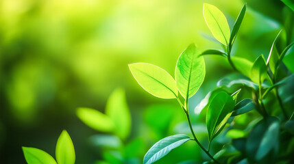 Fototapeta premium Nature green tree fresh leaf on beautiful blurred soft bokeh sunlight spring summer background.