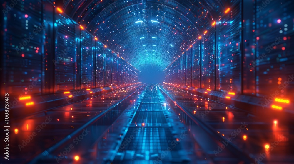 Poster 3d rendering of a data center with shining lights and an abstract background featuring lines and fig