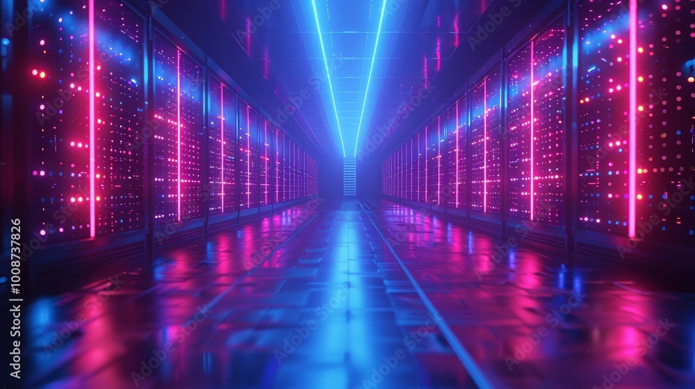Poster 3d rendering of a data center with shining lights and an abstract background featuring lines and fig