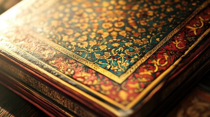 Close-up of an ornate South Asian restaurant menu with traditional font and artwork. No people, copy space available