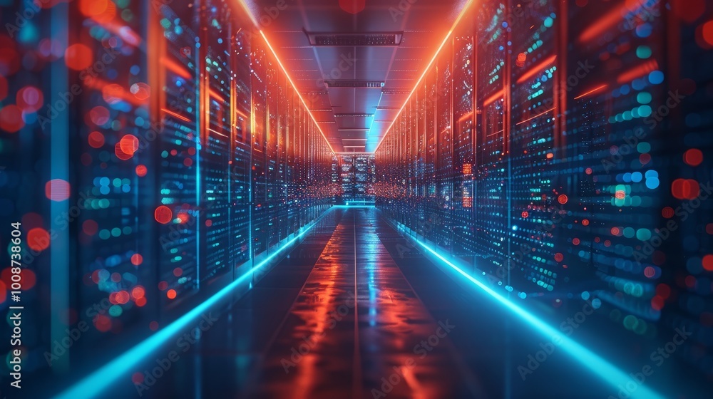 Poster 3d rendering of a data center with shining lights and an abstract background featuring lines and fig