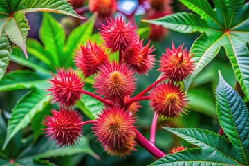 Vibrant castorbean plant showcasing unique seed pods and lush green leaves in natural sunlight