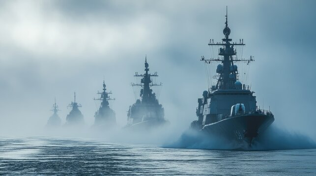 Military warships navigate through fog. Illustrate a powerful and mysterious navy presence.