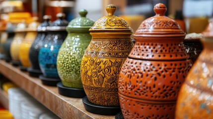 Close-up of decorative South Asian spice jars displayed on a restaurant shelf. No people, copy space available