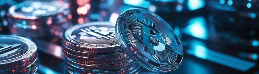 A stack of Bitcoin cryptocurrency coins.