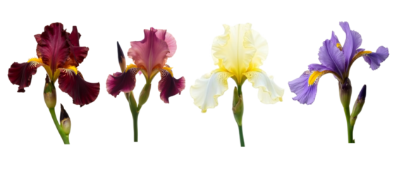 Beautiful Variety of Colorful Iris Flowers on White Background