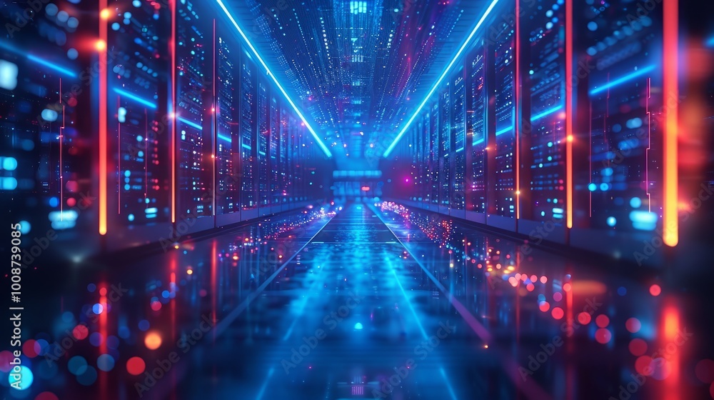 Poster 3d rendering of a data center with shining lights and an abstract background featuring lines and fig