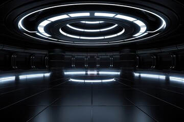 Black futuristic room light architecture illuminated.