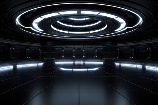 Black futuristic room light architecture illuminated.