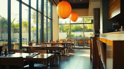 Contemporary South Asian restaurant interior with large windows and natural light. No people, copy space available