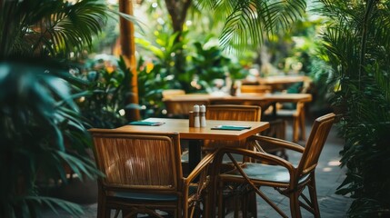 Fototapeta premium Cozy outdoor seating area in a popular South Asian restaurant surrounded by greenery. No people, copy space available