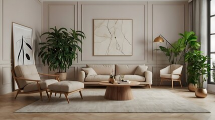 Fototapeta premium Elegant living space with a cream armchair, minimalist line art mockup, and lush plants, offering a perfect balance of modern style and natural beauty.