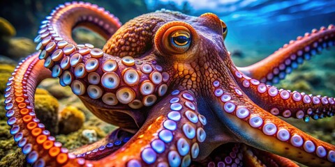 Obraz premium Vibrant Colored Octopus Displaying Its Unique Patterns and Textures Against a Dark Ocean Background
