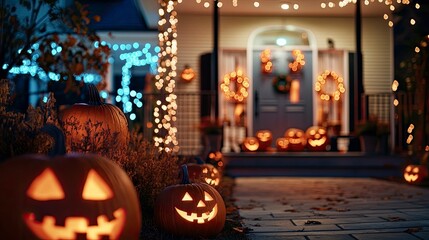 A family decorating their home with spooky lights and jack-o'-lanterns in preparation for Halloween night.