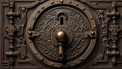 Naklejka premium vintage-style lock in bistre, ecru & coffee shades, featuring a central keyhole surrounded by intricate, round-shaped designer carvings. A royal, elegant piece with an old-world charm & craftsmanship.