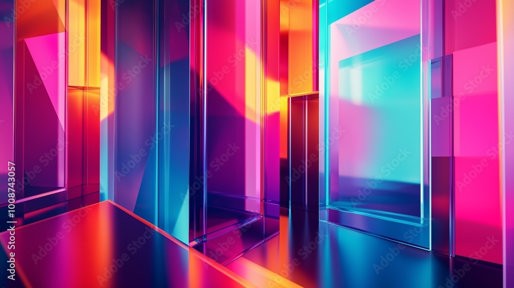 Poster a bright abstract scene using translucent materials and geometric forms.