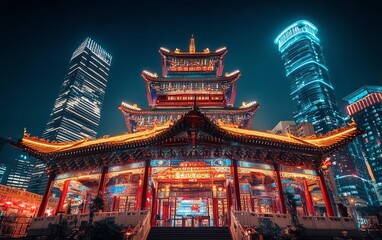Fototapeta premium Low-angle perspective of an ancient temple intertwined with futuristic skyscrapers, vibrant lights illuminating the dreamlike scene