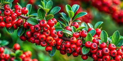 Obraz premium Vibrant Cotoneaster Plant with Bright Red Berries Surrounded by Green Leaves in Natural Setting