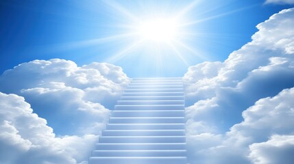 A beautiful stairway stretches upward into a bright blue sky, symbolizing the journey to heaven, with fluffy clouds surrounding the steps in a dreamlike scene.