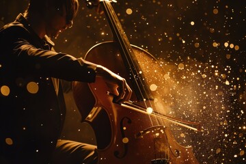 Sparkling music notes floating around classical instruments in a glowing concert performance...