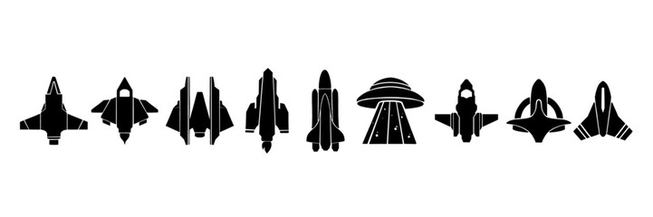 Rocket icon set, vector space ship silhouette collection sci-fi futuristic cosmic fighter plane logo. Alien fantasy travel spacecraft badge, galaxy shuttle journey sign collection. Rocket icon clipart © Oleksandra