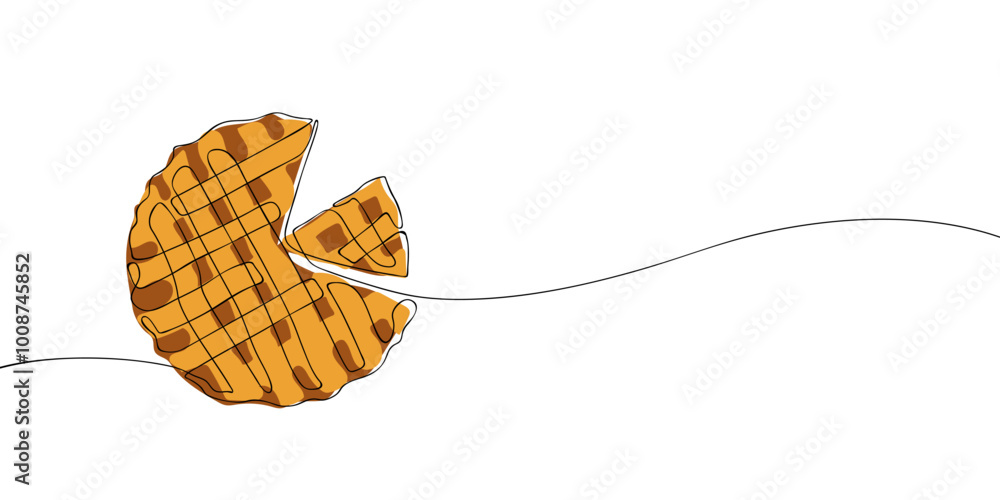 Poster a single line drawing of an apple pie. continuous line thanksgiving icon in color. one line icon. ve