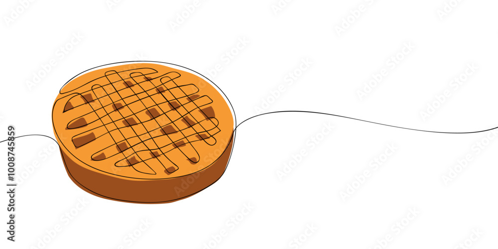 Poster a single line drawing of an apple pie. continuous line thanksgiving cake icon in color. one line ico
