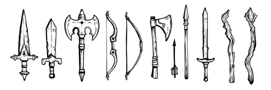 RPG weapon icon set, vector fantasy game sword collection, dungeon dragon battle attack object kit. Magic sorcerer staff, warrior dagger, medieval bow, arrow, character equipment. Vintage RPG weapon
