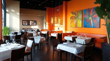 Stylish modern South Asian restaurant with contemporary art and a sleek dining area. No people, copy space available