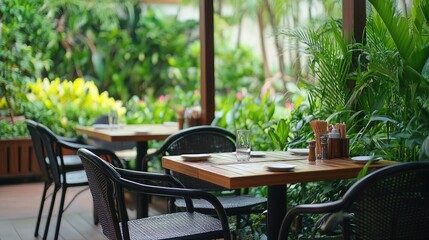 Stylish outdoor seating area at a popular South Asian restaurant with a garden view. No people, copy space available