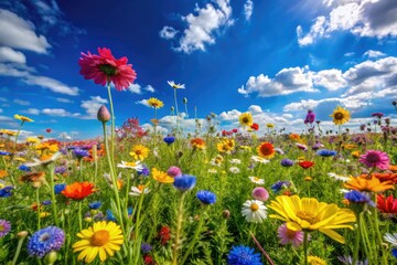 Obraz premium Vibrant Fields of Wildflowers Under a Clear Blue Sky in a Picturesque Natural Landscape